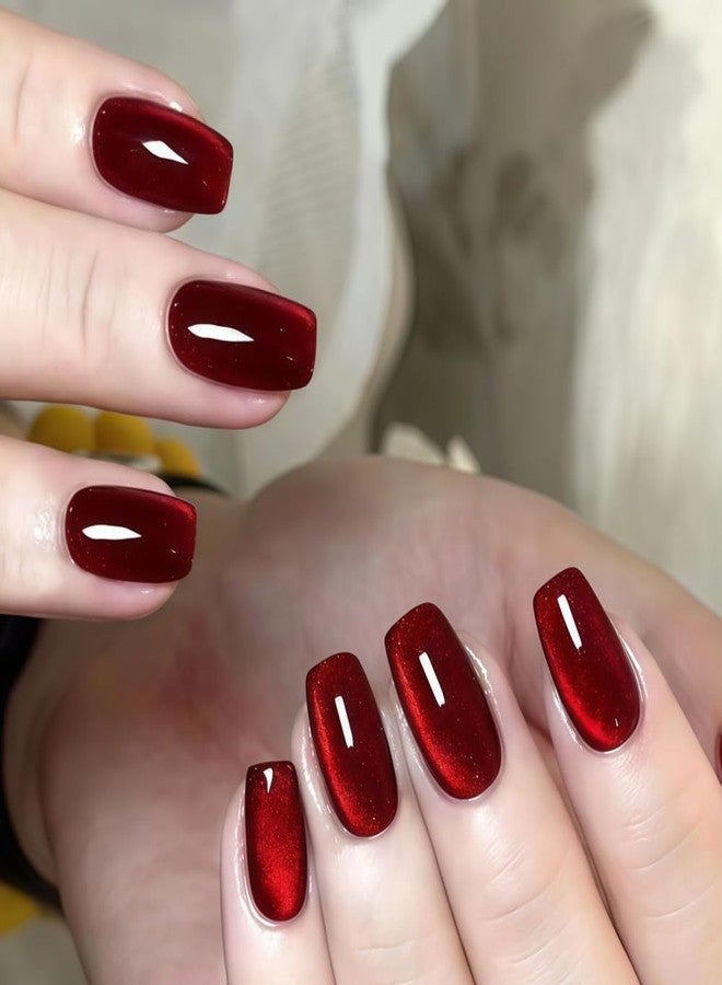 OCOUYVD Square Press on Nails Medium Fake Nails Cate Eye Red False Nails Acrylic Artificial Glossy Design Full Cover Glue on Nail Stick on Nail for Women Girls Manicure Art Decorations 24PCS - Image 1